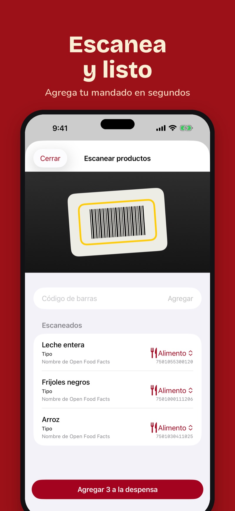 Pantalla de Alacenapp escaneando varios productos seguidos