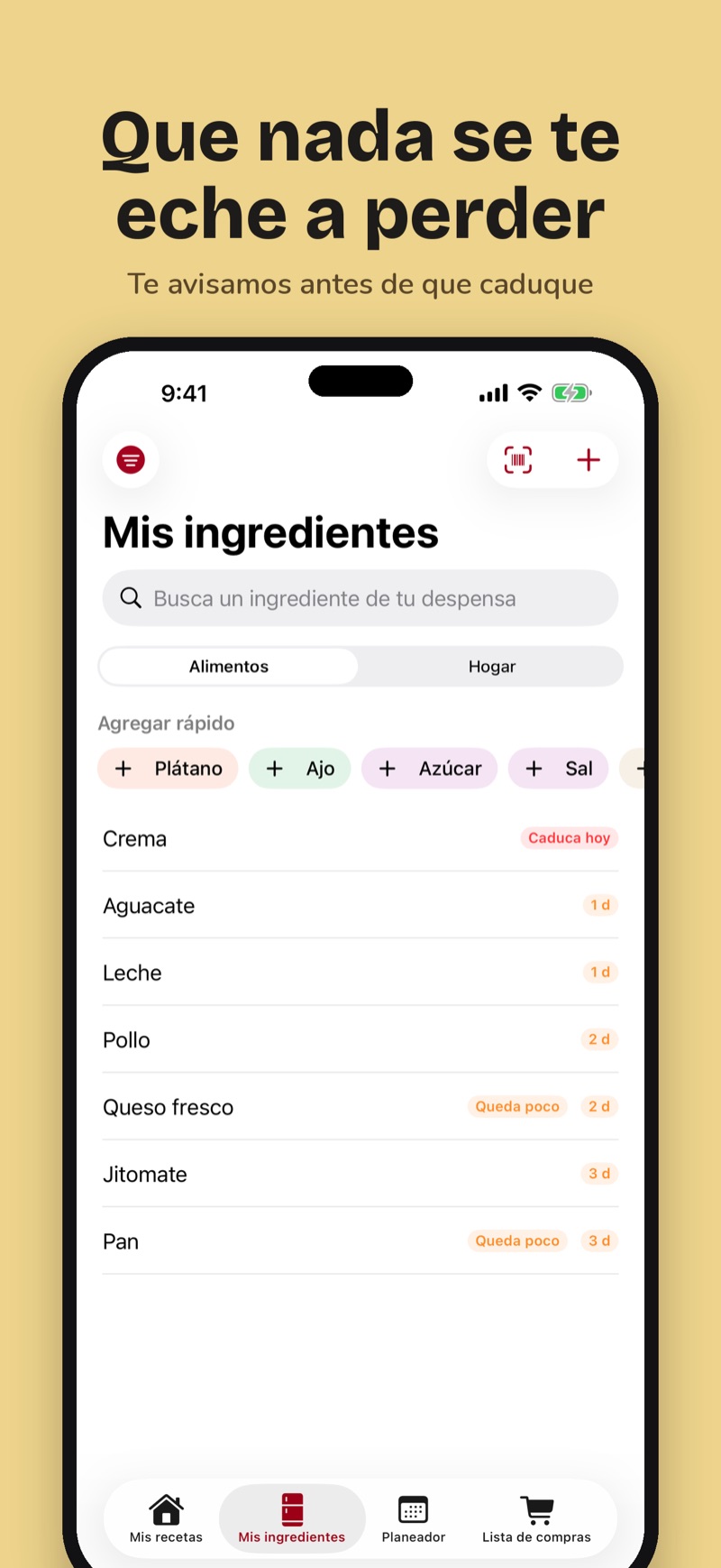 Pantalla de Alacenapp con los productos que están por caducar
