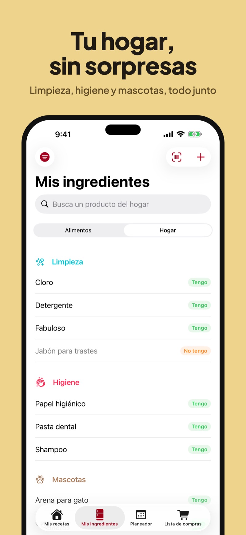 Pantalla de Alacenapp con productos del hogar