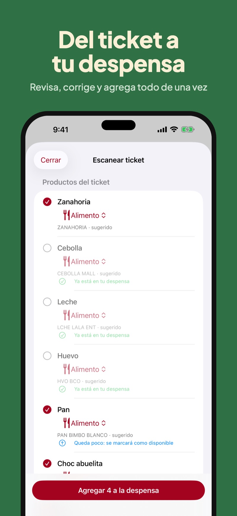 Pantalla de Alacenapp con los productos de un ticket por revisar
