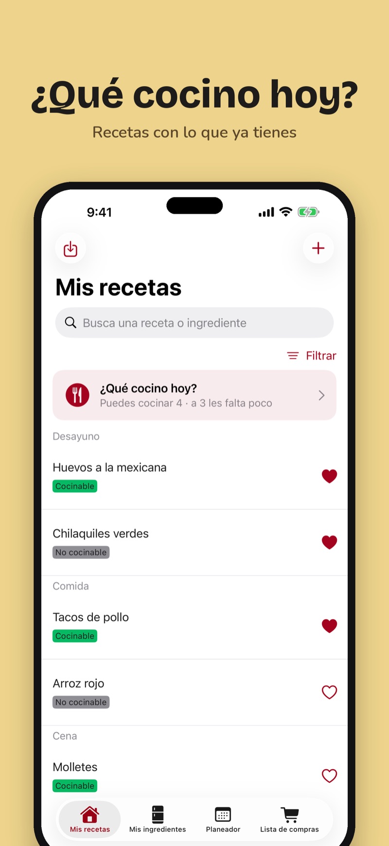 Pantalla de recetas de Alacenapp