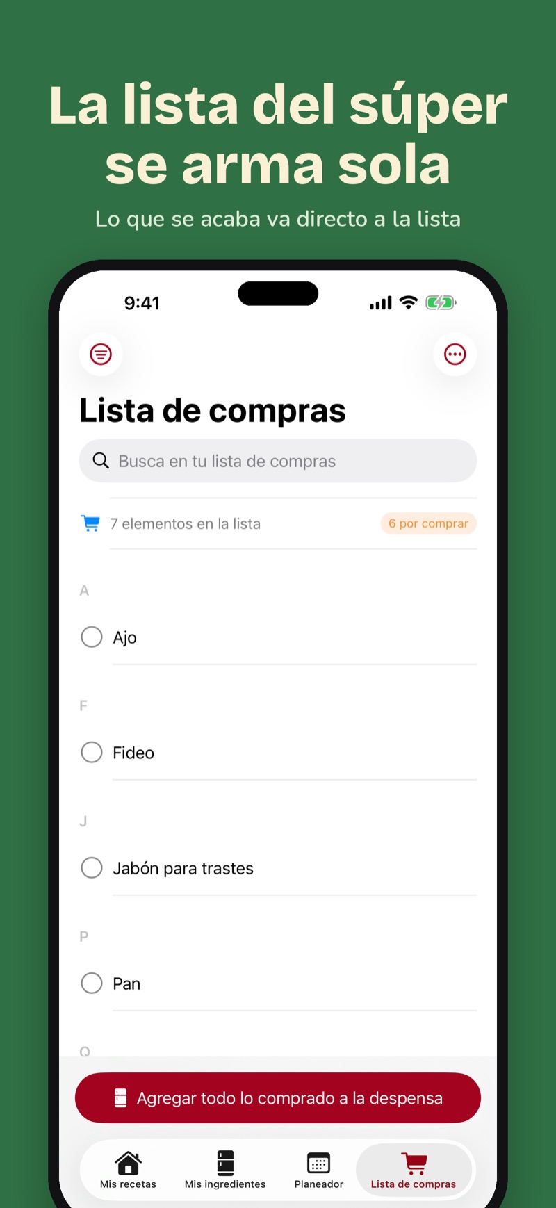 Lista de compras de Alacenapp